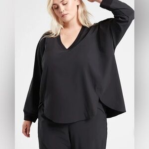 Athleta Zephyr Black Top 1X, v-neck, hi/lo hem, relaxed fit, ribbed trim